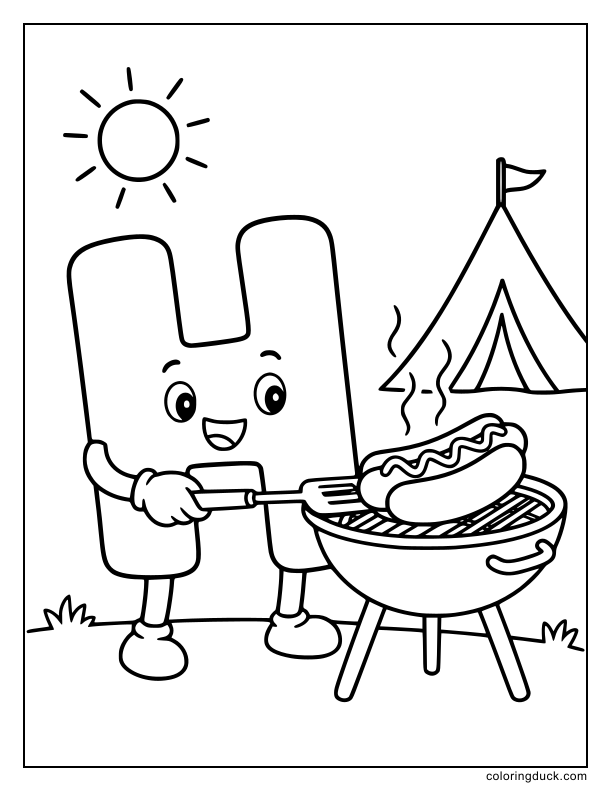 Happy letter H turning a delicious hot dog on a small outdoor barbecue grill.