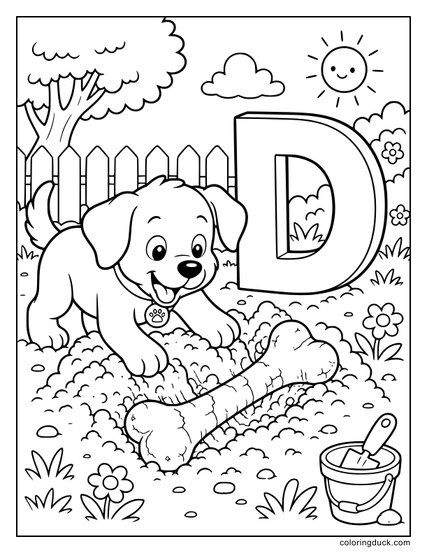 Beside a large bold letter D, a happy puppy is digging up a giant dinosaur bone from the garden dirt.