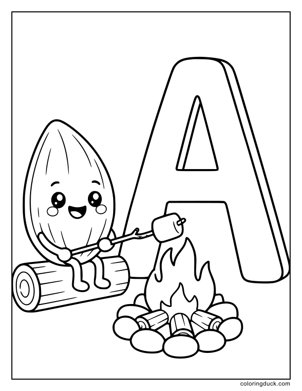 Happy little almond character warming up near a letter A fire pit.