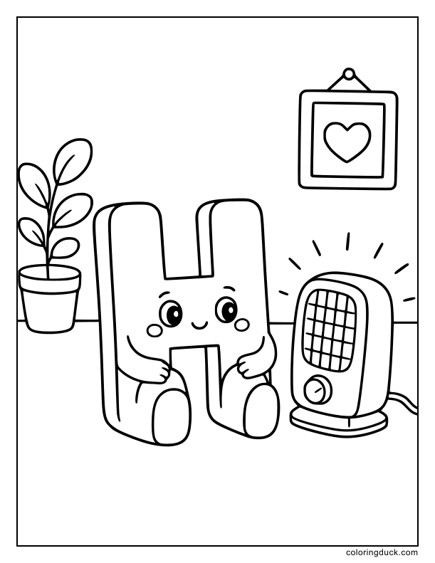 Cozy letter H sitting close to a small, radiating space heater on the floor.