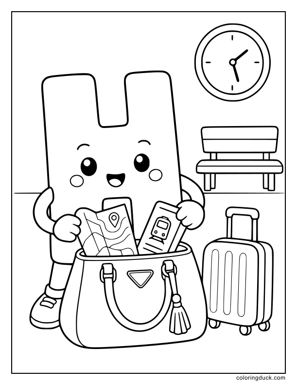 Busy letter H stuffing a map and a ticket into a stylish travel handbag.