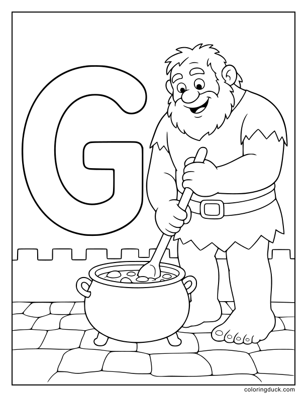 Friendly giant stirring a pot of goulash stew by a big letter G.