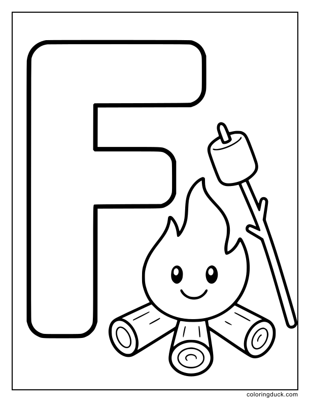 Cheerful campfire with roasting marshmallows next to a huge letter F.
