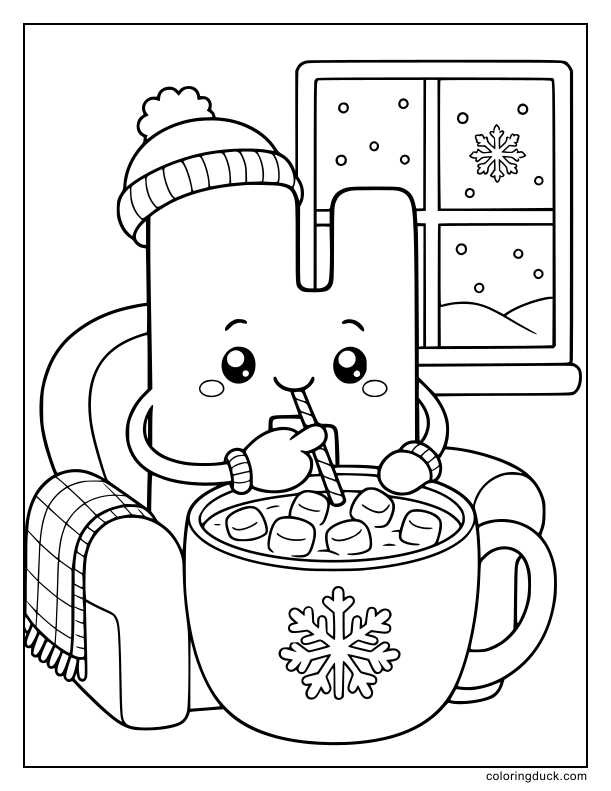 Cozy letter H sipping from a giant mug of hot chocolate topped with marshmallows.