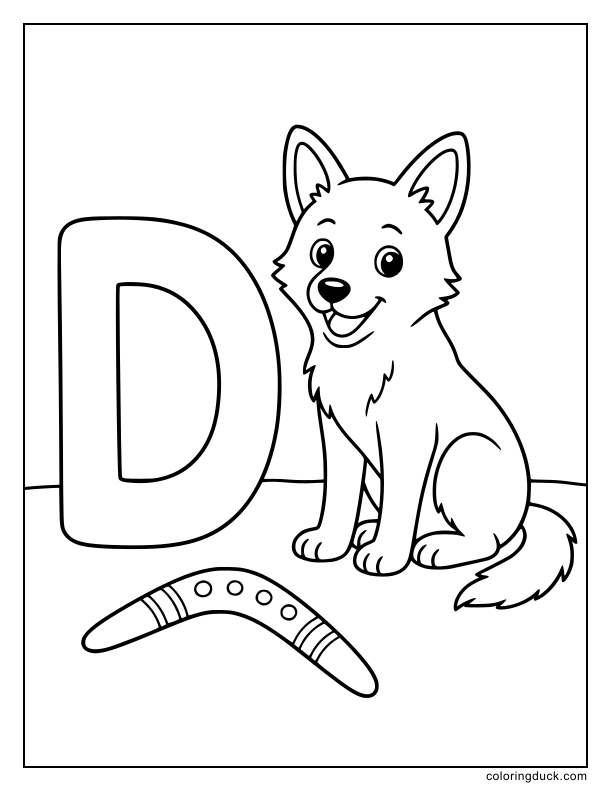 Friendly dingo sitting tall beside a huge letter D and a wooden boomerang.
