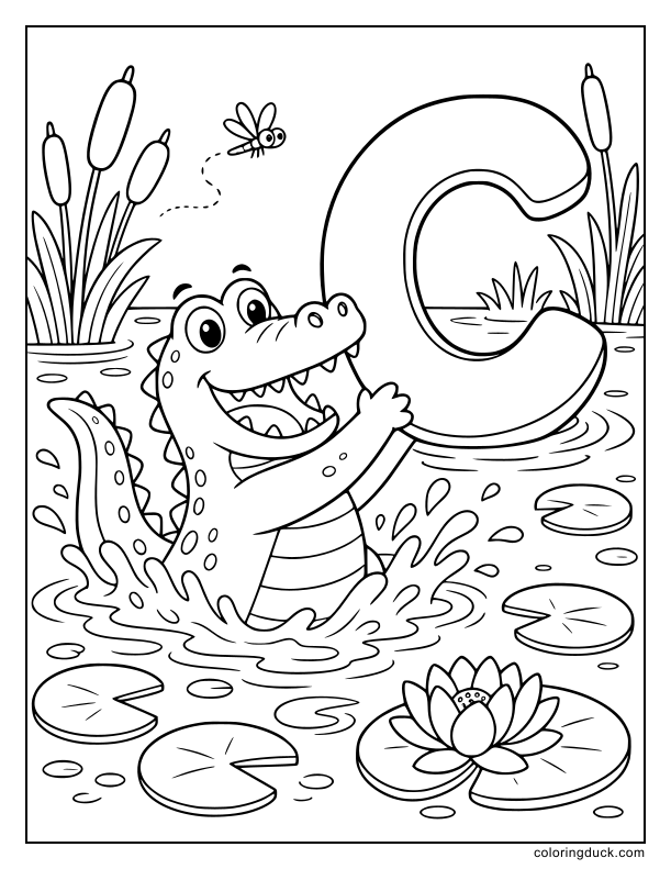 Toothy crocodile splashing playfully in the water with a floating letter C.