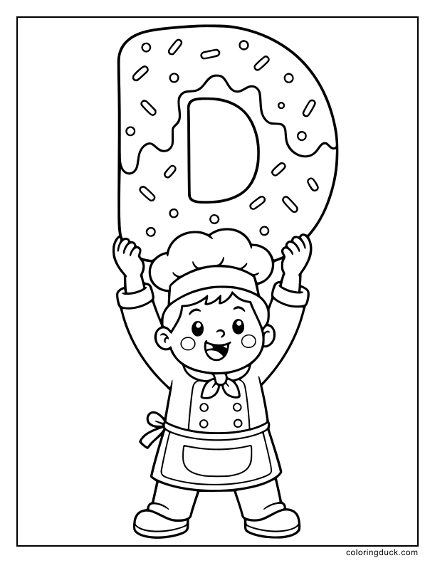 Cheerful baker holding a massive delicious doughnut shaped like the letter D.