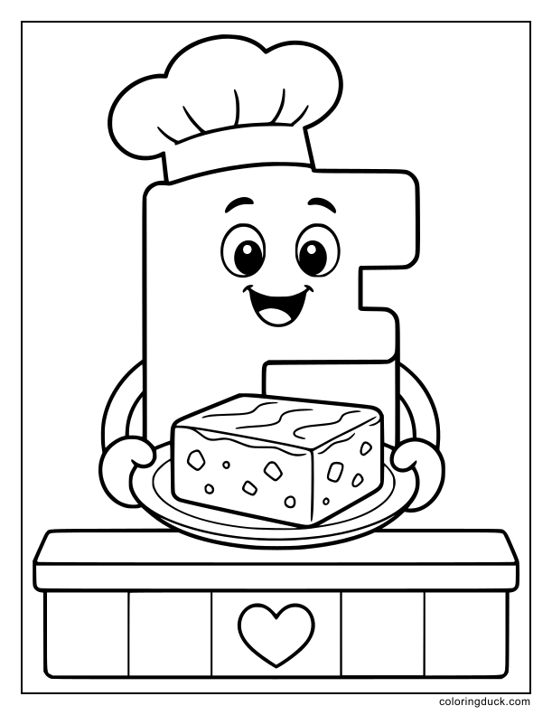 Chef hat on a letter F displaying a block of chocolate fudge.