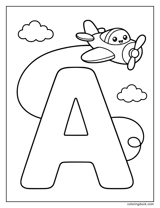 Toy airplane soaring around a large uppercase A with small puffy clouds.