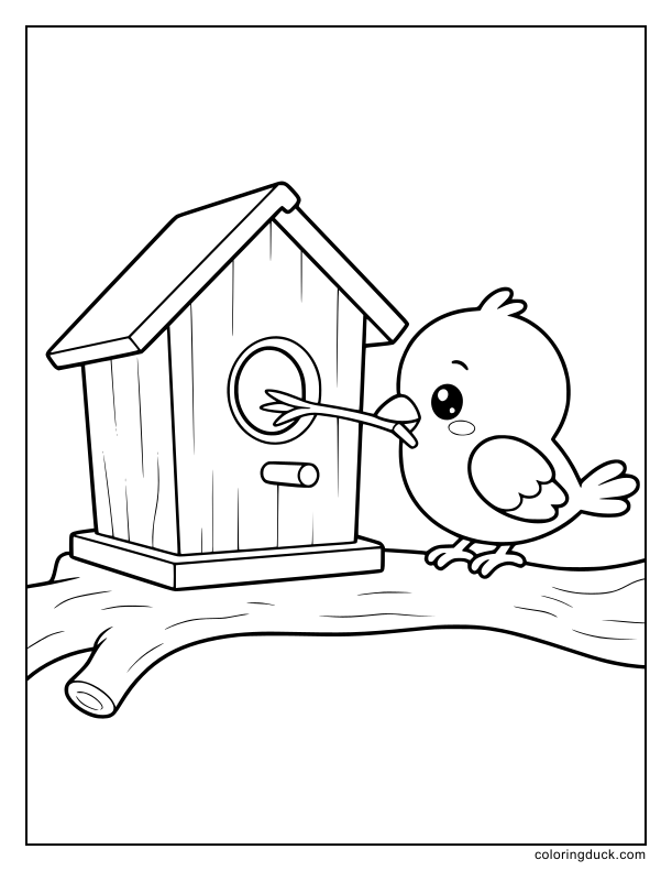 Small bird placing a straw into a wooden birdhouse on a thick branch.