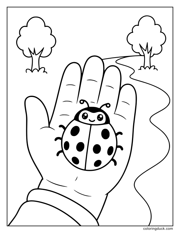 Open hand displaying a spotted ladybug against a blank forest path.