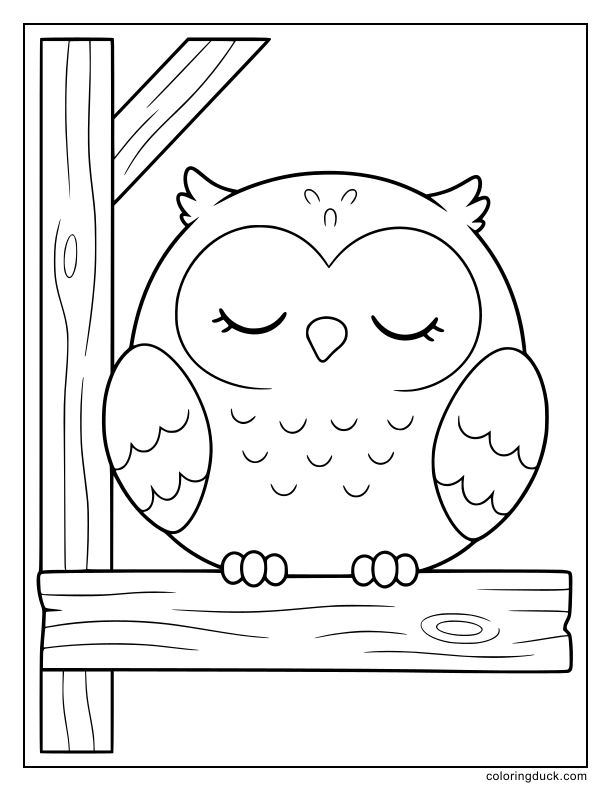 Resting round bird with closed eyes tucked inside a wooden loft window.