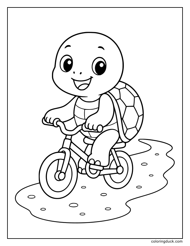 Cheerful turtle riding a tiny bicycle down a dirt trail.