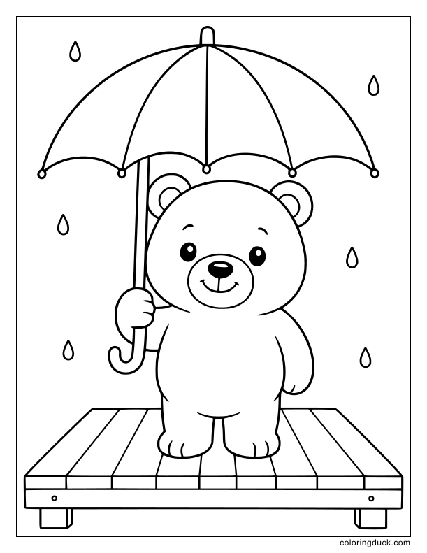Under a wooden porch roof, a friendly bear holds a wide umbrella.