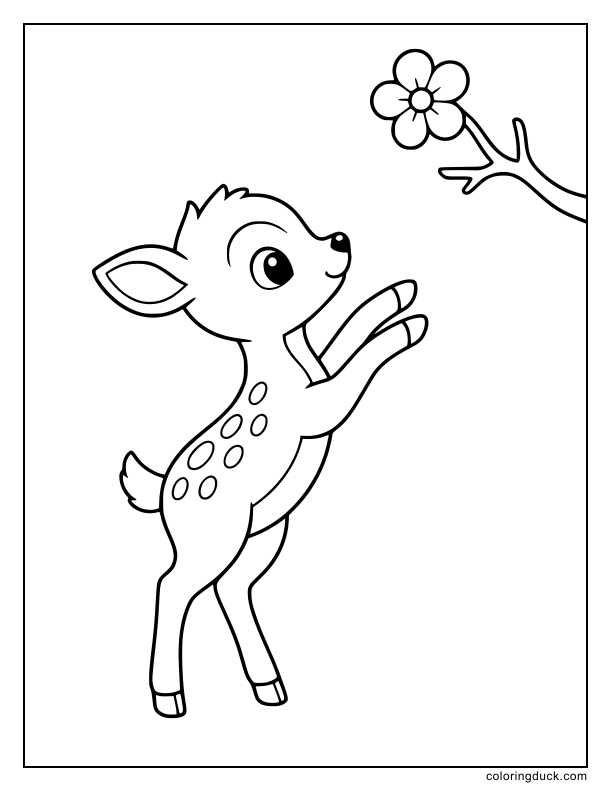 Reaching up, a baby deer picks a flower blossom in an orchard.