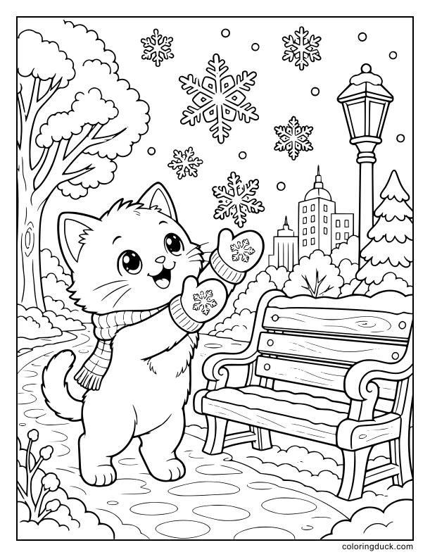 Playful kitten reaching up with thick warm mittens to catch giant falling snowflakes next to a park bench.