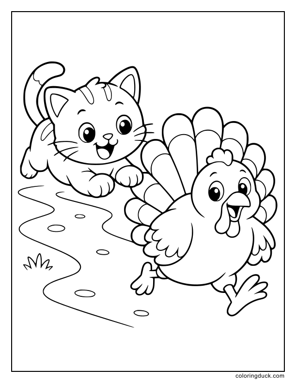 Playful kitten running after a chubby feathered bird with a big fan tail.