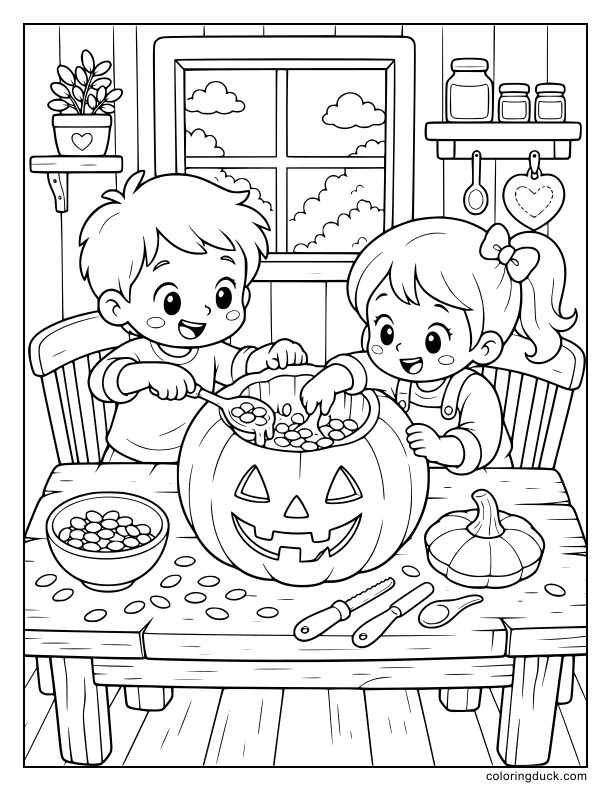Siblings scooping out seeds from a large jack-o-lantern on a rustic wooden table.