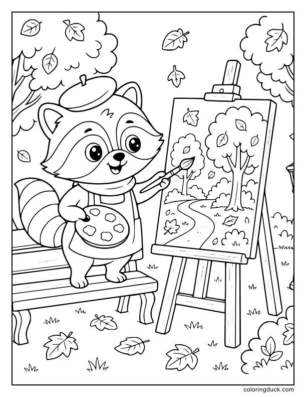 Standing on a park bench, a clever raccoon brushes colors onto a canvas showcasing autumn scenery.