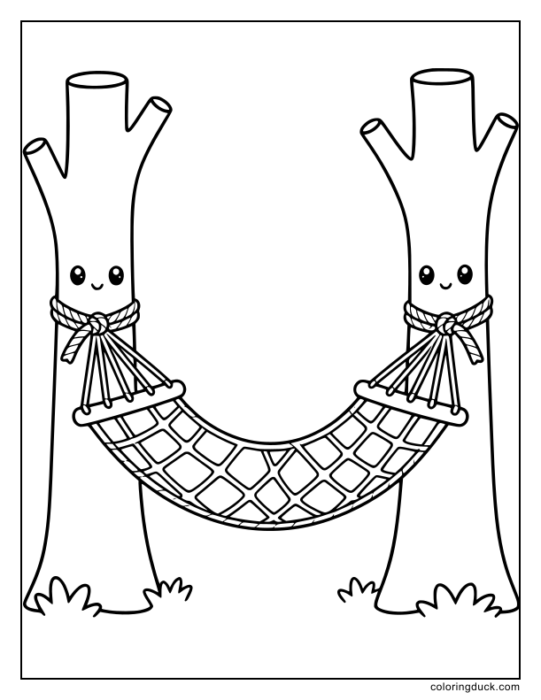 Between two simple tree trunks, a woven hammock.
