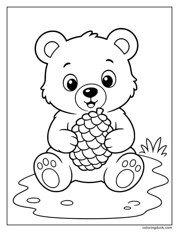 Curious little bear cub grasping a large spiky seed cone while sitting peacefully.