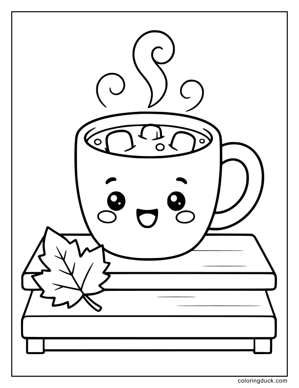 Warm steaming mug of hot chocolate resting on a wooden porch step beside a tiny maple leaf.