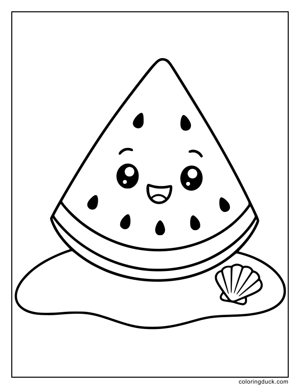 Smiling slice of watermelon resting on plain sand.