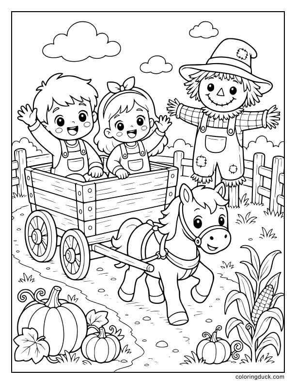 Two friends waving from inside a wooden cart pulled past a smiling scarecrow.