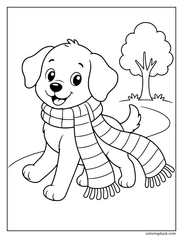 Little puppy wrapped in a long striped neckwarmer trotting happily along a clear path.