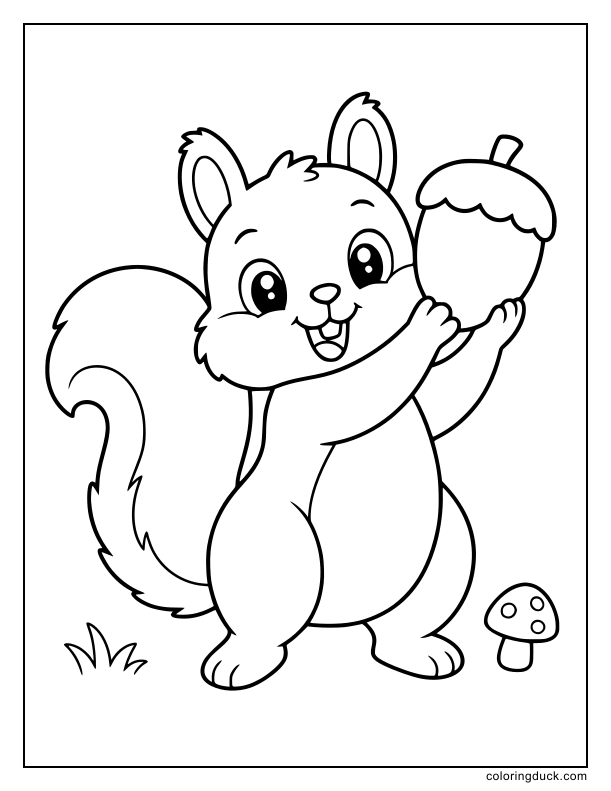 Fluffy squirrel holding up a huge nut with a neat cap on its head.