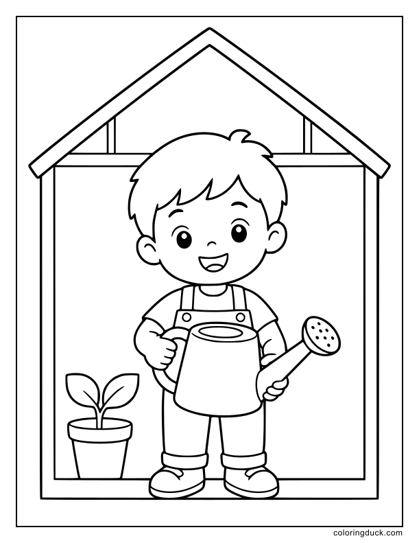 Smiling boy holding a large metal watering can inside a greenhouse.