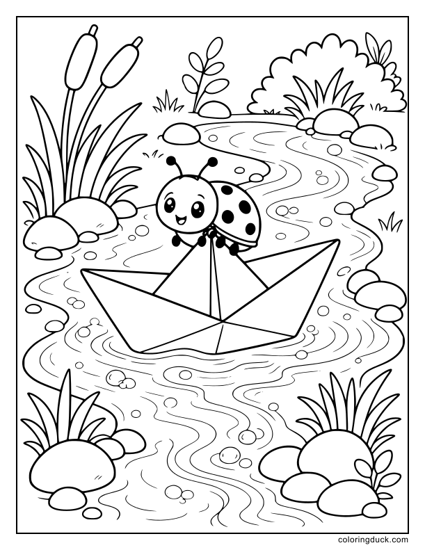 Floating along a gentle bubbling stream, a tiny folded paper boat carries a cheerful little ladybug passenger.