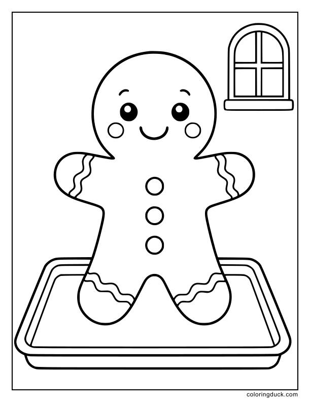 Freshly baked gingerbread man smiling on a baking sheet.