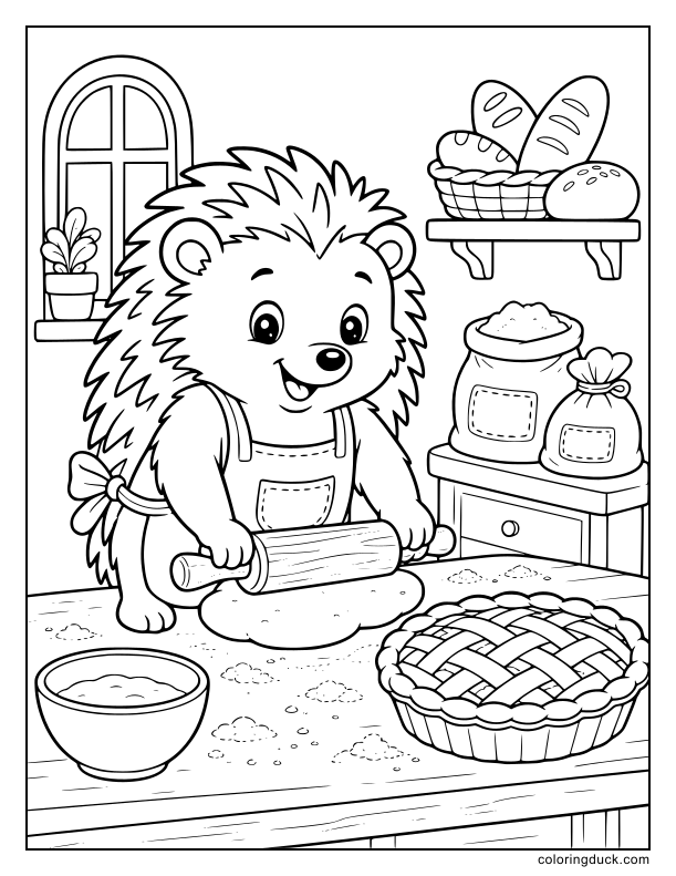 Hedgehog baker using a wooden rolling pin on dough next to a fresh fruit pastry.
