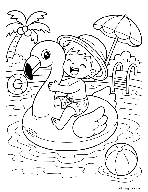 Two kids giggling and relaxing on a giant inflatable flamingo floaty in the middle of a sparkling swimming pool.