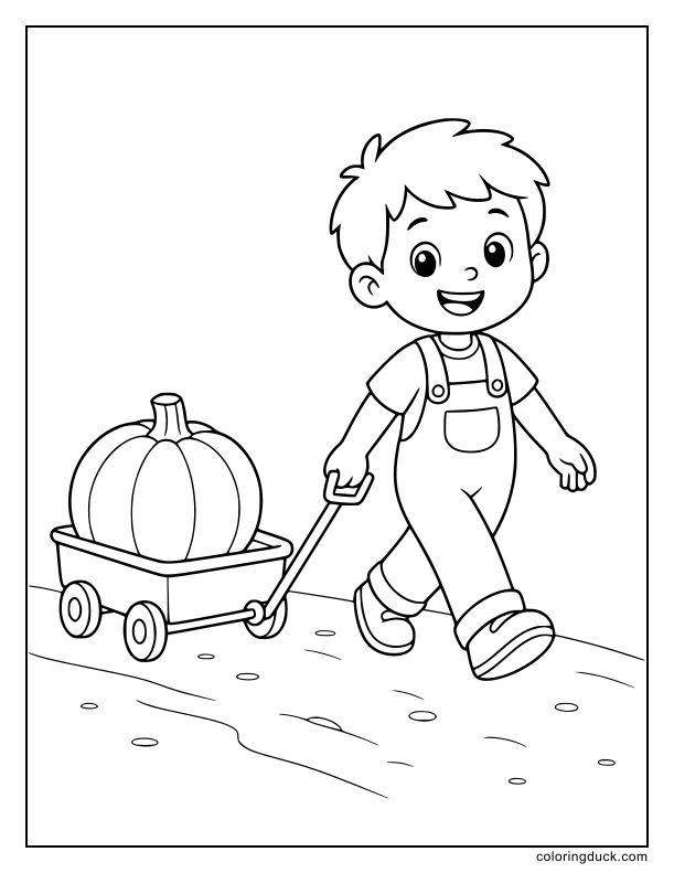 Cheerful boy dragging a small cart with a single plump squash inside.
