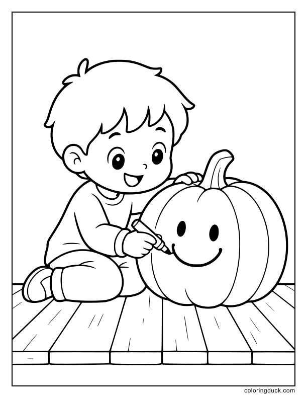 Happy little face drawing shapes on a smooth round squash resting on wooden floorboards.