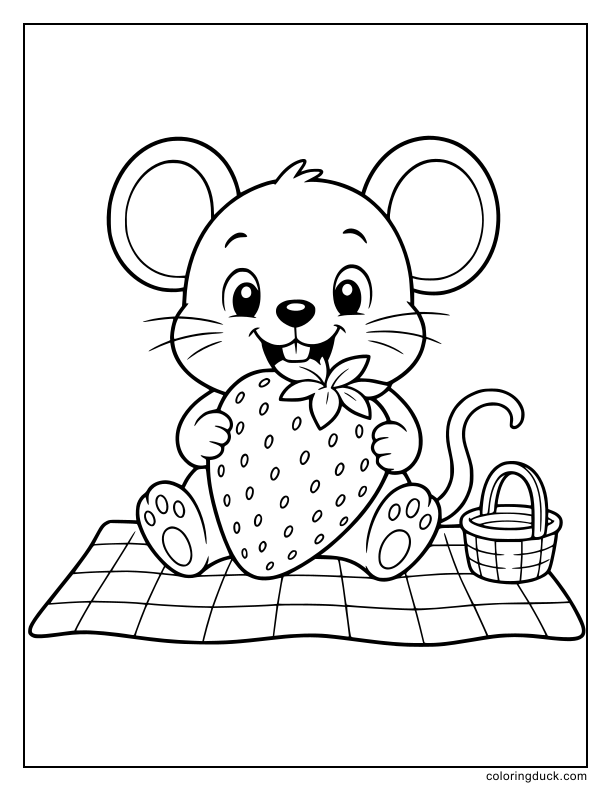 Happy mouse sitting on a checkered blanket eating a giant strawberry.