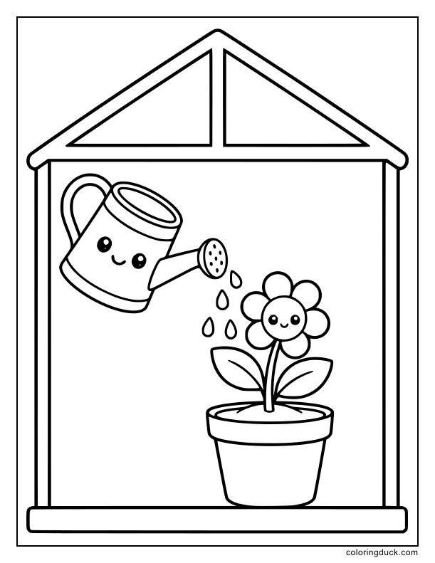 Beside the potted plants, a metal watering can.