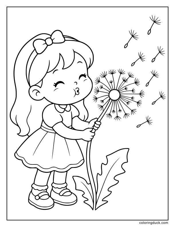 Happy girl blowing dandelion seeds across a grassy field.