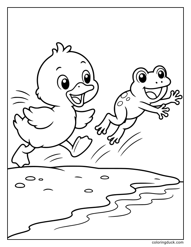 Joyful duckling running after a leaping frog along the riverbank.
