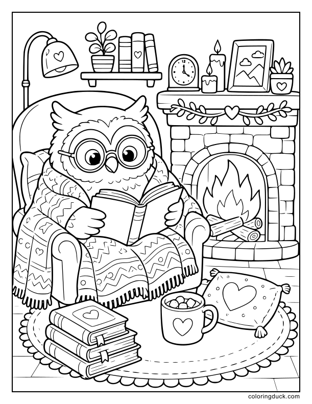 Curled up under a thick warm blanket, a wise owl reading an open book beside a crackling brick fireplace.