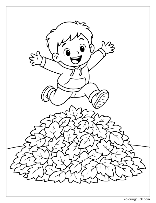 Smiling child leaping high above a large mound of fallen leaves in an open grassy area.