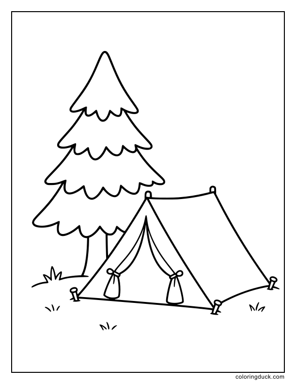 Little camping tent set up under a pine tree.