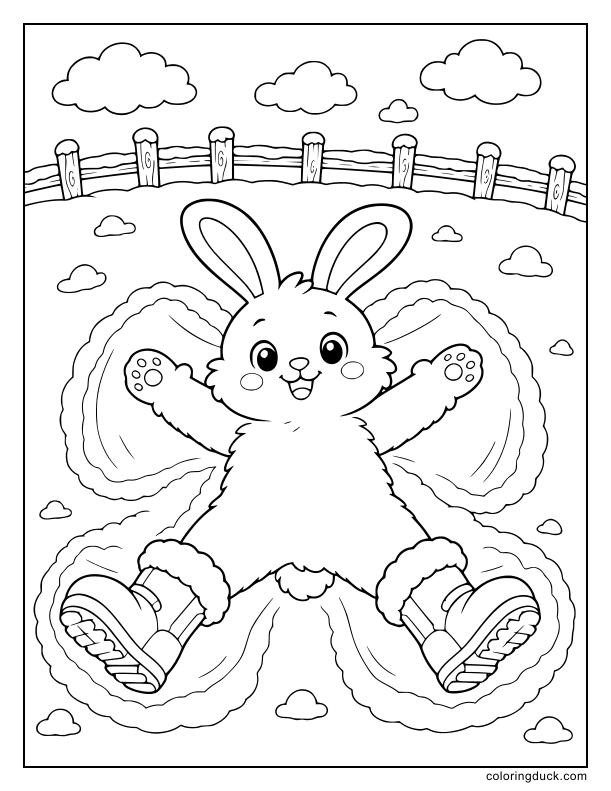 Fluffy bunny lying on its back in an untouched snowy meadow wearing oversized snow boots, waving its arms to create angel shapes.