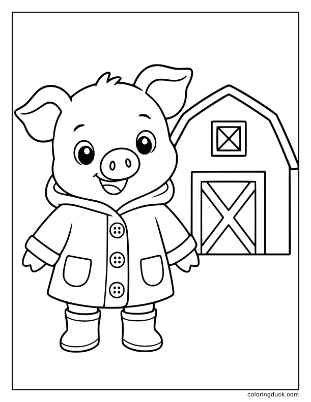 Little piglet wearing a bright buttoned raincoat near a barn.
