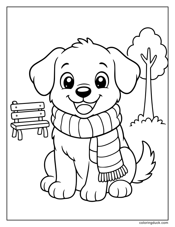 Smiling puppy dog sitting nicely while wrapped in a long, thick winter scarf.