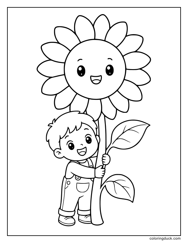 Overalls-wearing child hugging a giant blossom with wide bright petals.