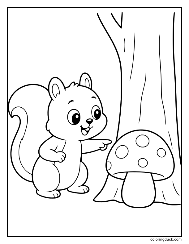 Curious squirrel pointing at a round mushroom beside an old tree trunk.