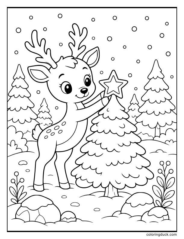 Friendly deer standing in a snow-covered forest gently placing a glowing star ornament on top of a small pine tree.